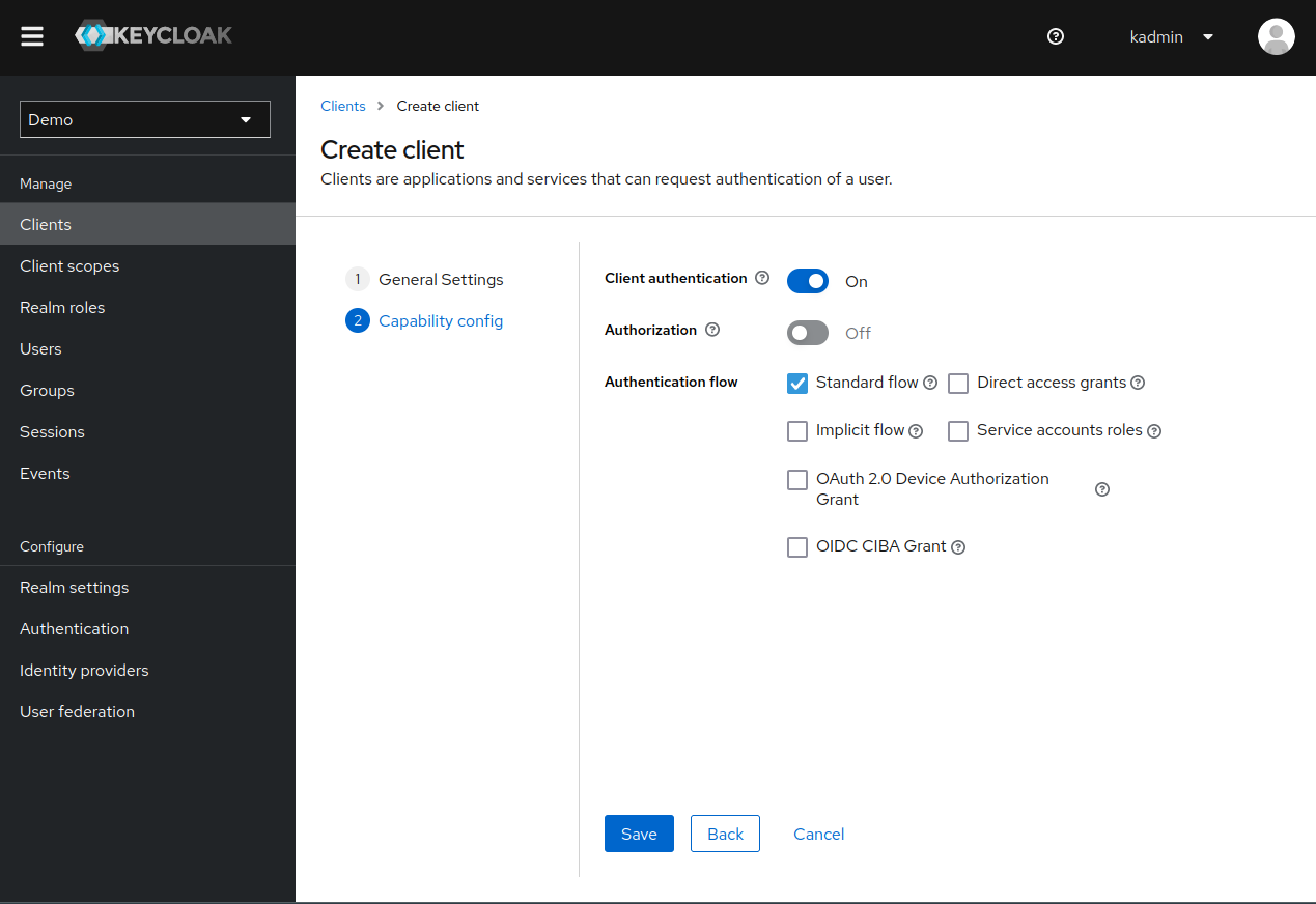 Screenshot of the second page of a client configuration form from Keycloak