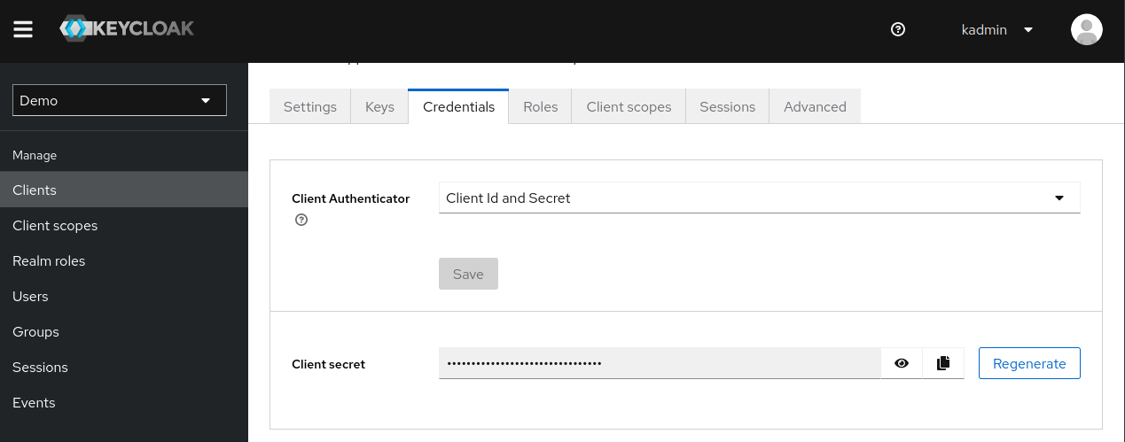 Screenshot of the Credentials page from a test client