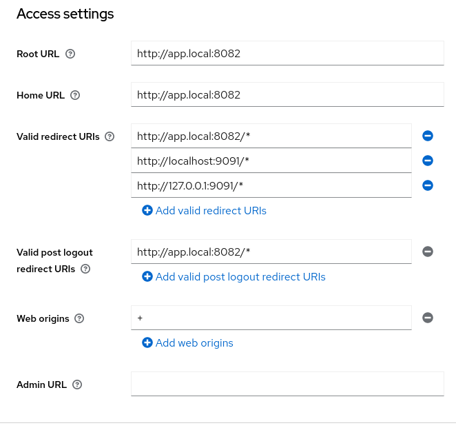 Screenshot of url configuration page for Keycloak client
