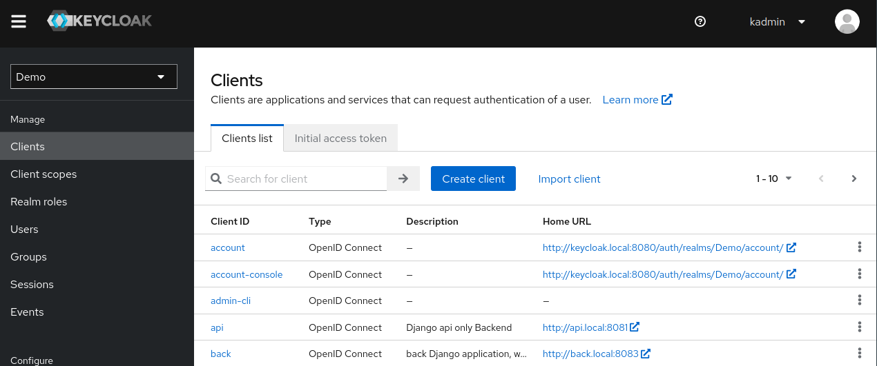 Screenshot of the client list from a Keycloak instance