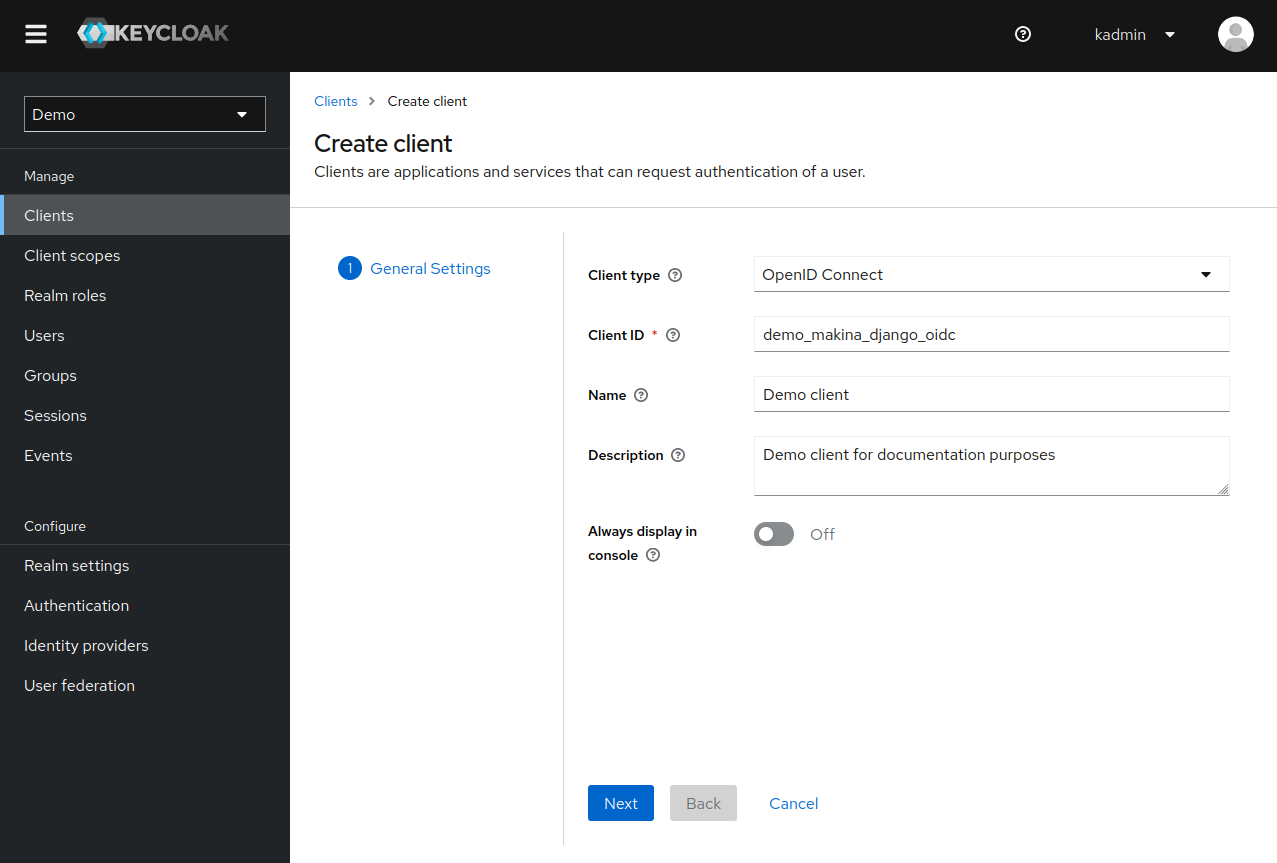 Screenshot of the first page of a client configuration form from Keycloak